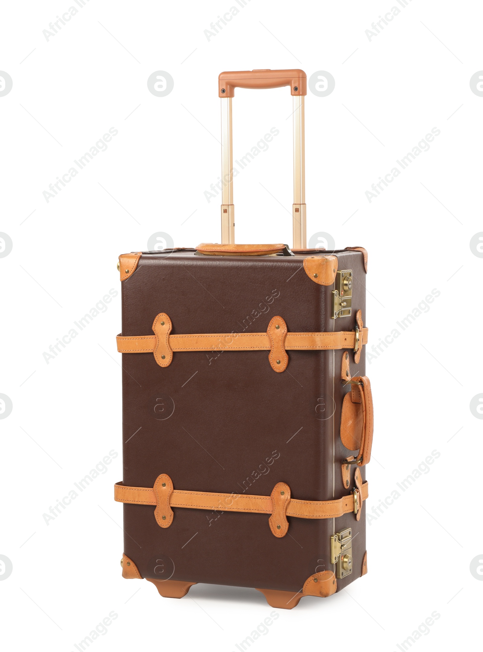 Photo of One new brown suitcase isolated on white