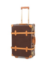 Photo of One new brown suitcase isolated on white