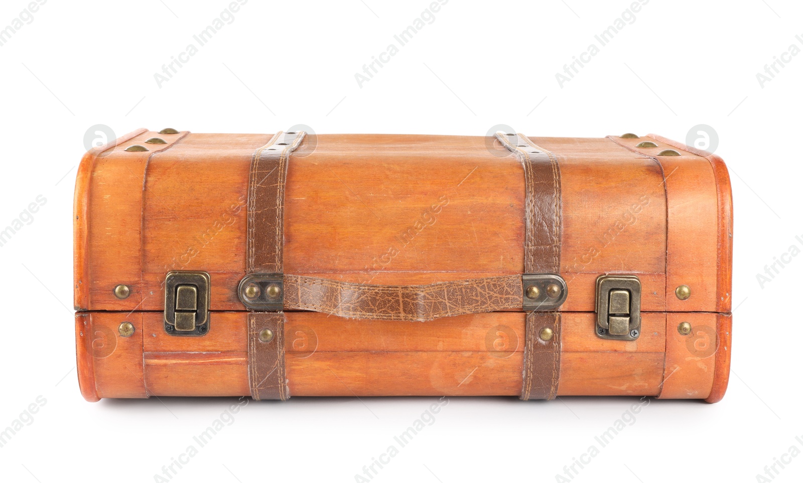 Photo of One new wooden suitcase isolated on white