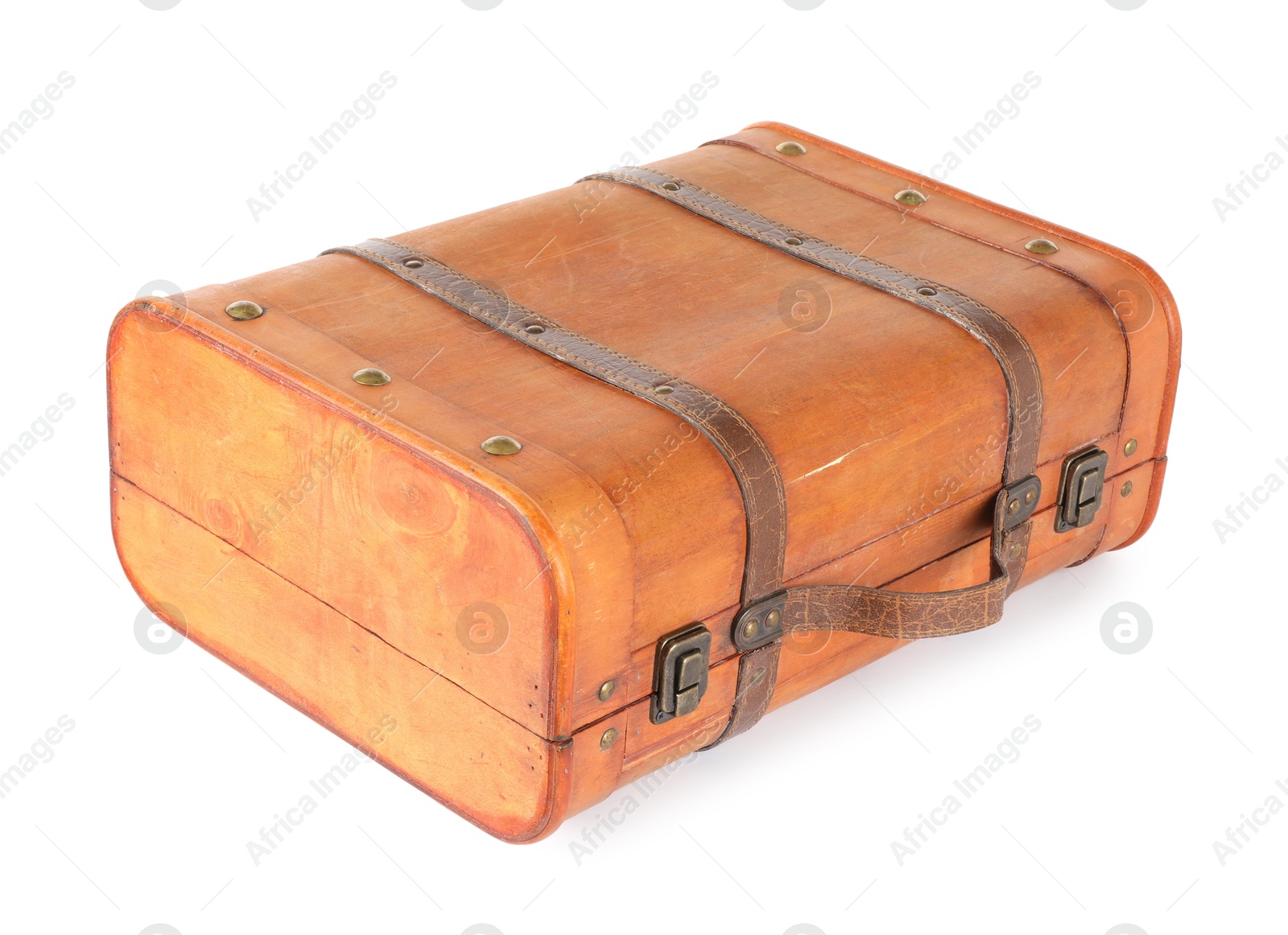 Photo of One new wooden suitcase isolated on white