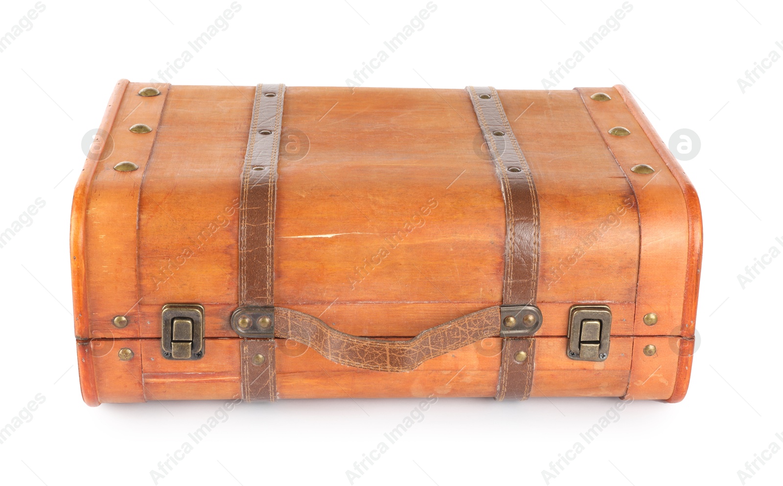 Photo of One new wooden suitcase isolated on white