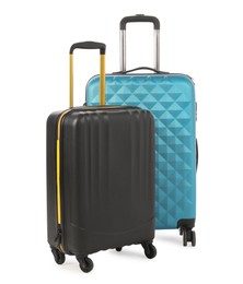 Photo of Two new light blue and black suitcases isolated on white