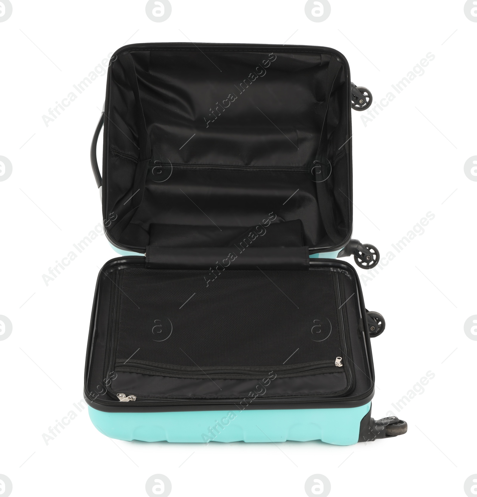 Photo of One open light blue suitcase isolated on white