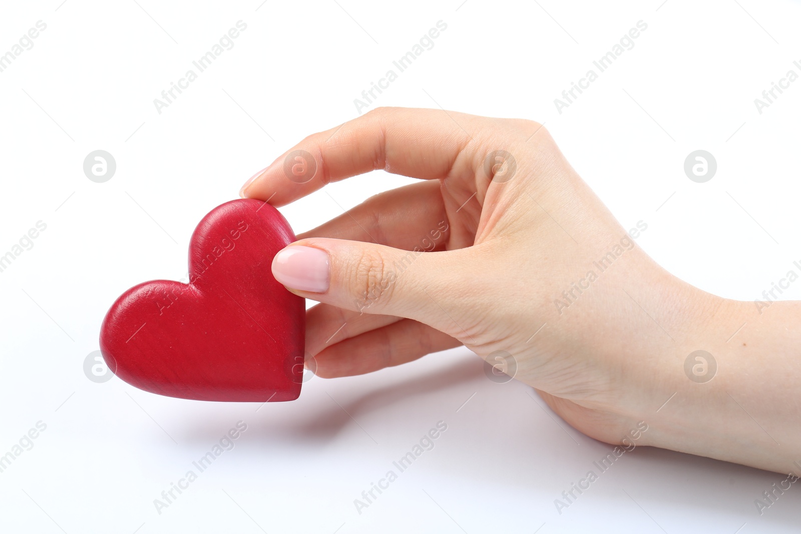 Photo of Woman holding red heart on white background, closeup