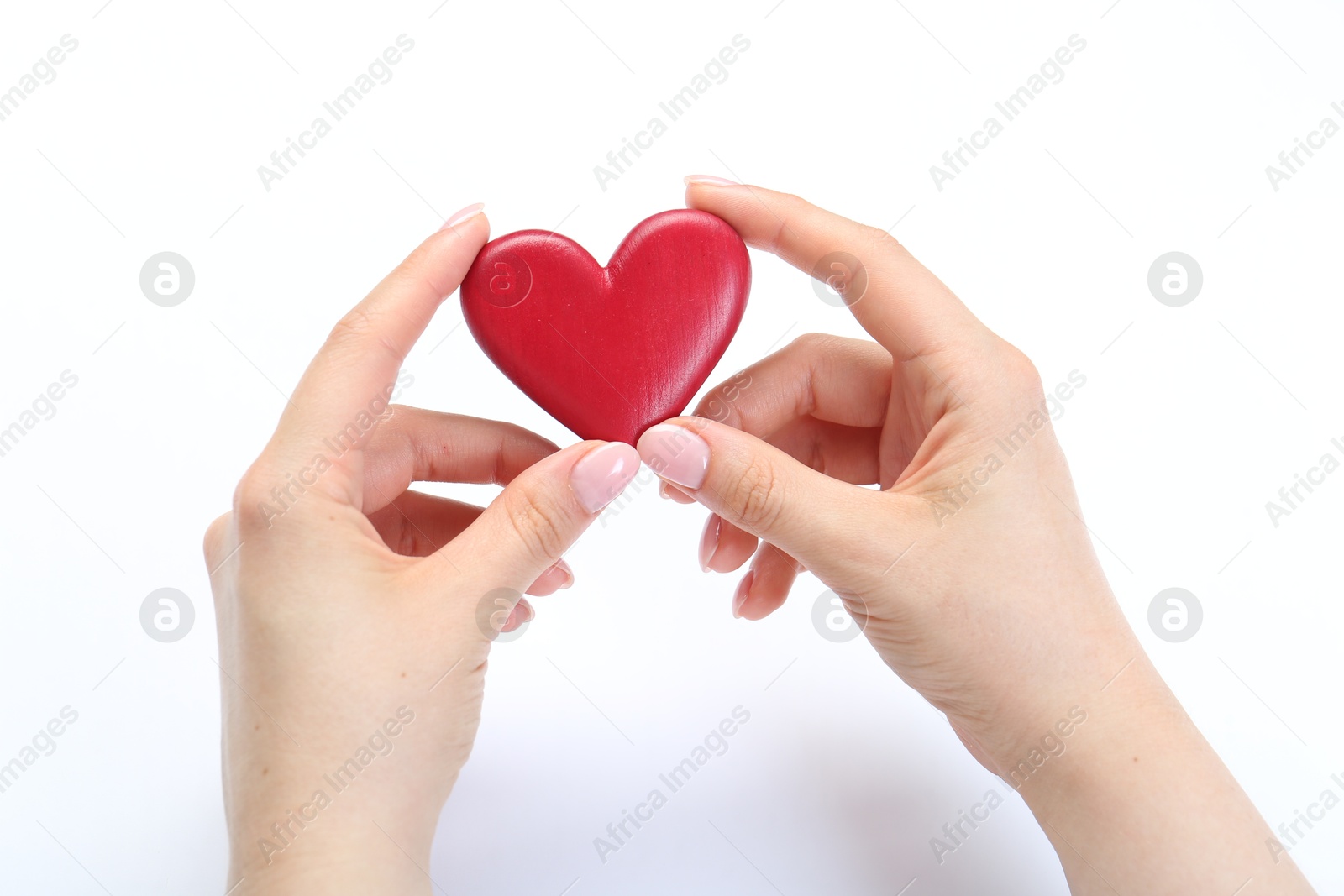 Photo of Woman holding red heart on white background, closeup