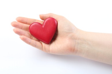 Photo of Woman holding red heart on white background, closeup