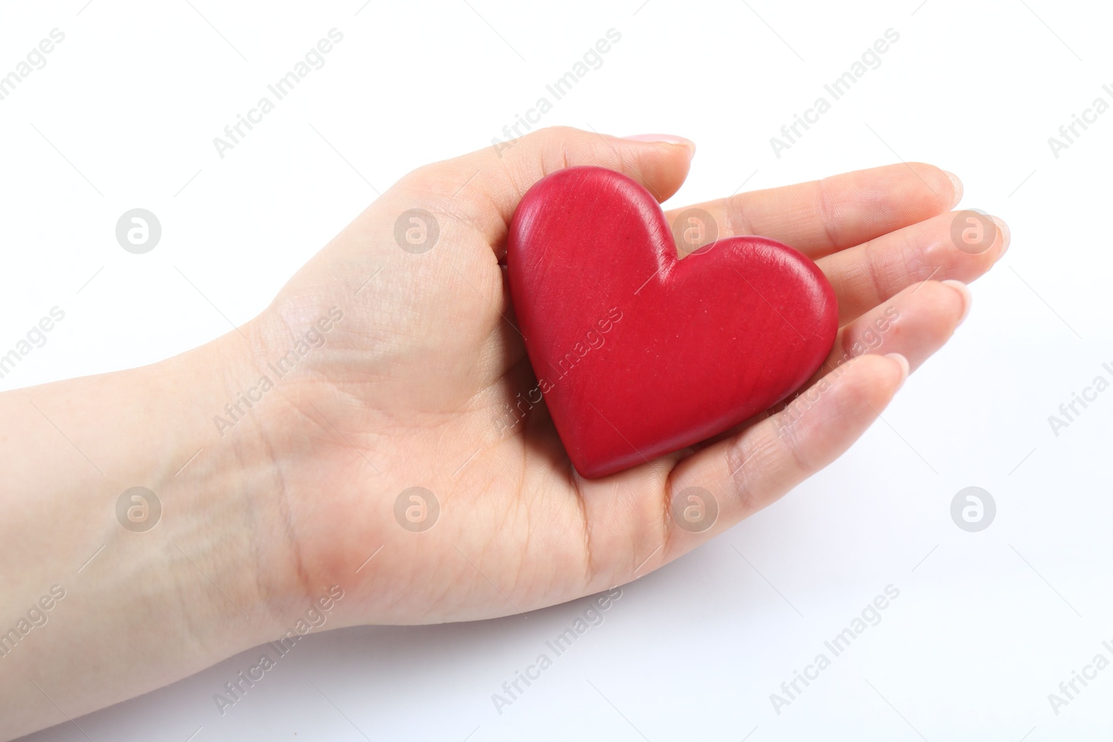 Photo of Woman holding red heart on white background, closeup