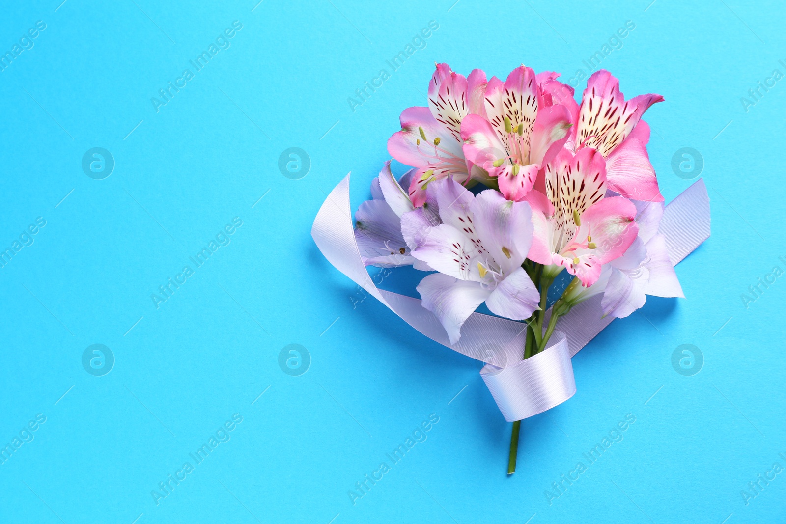 Photo of Beautiful alstroemeria flowers and ribbon on light blue background, top view. Space for text