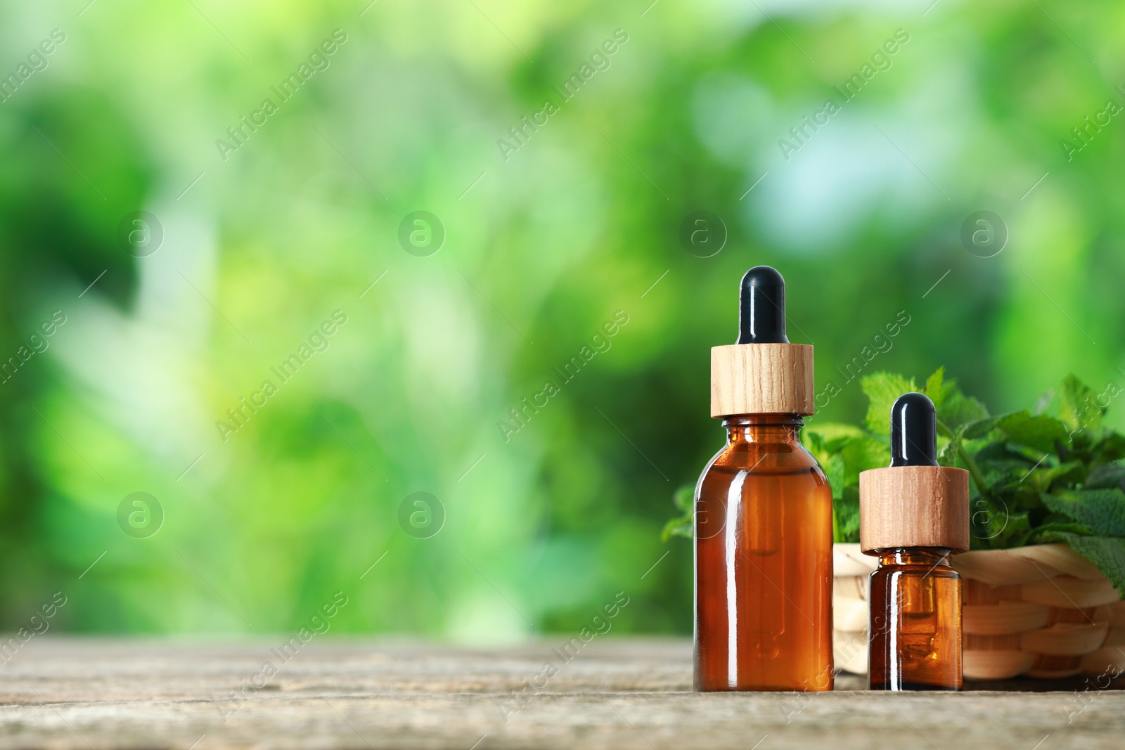 Photo of Bottles of mint essential oil and fresh leaves on wooden table, space for text