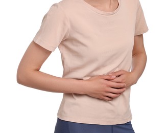 Photo of Indigestion problem. Woman suffering from stomachache, closeup