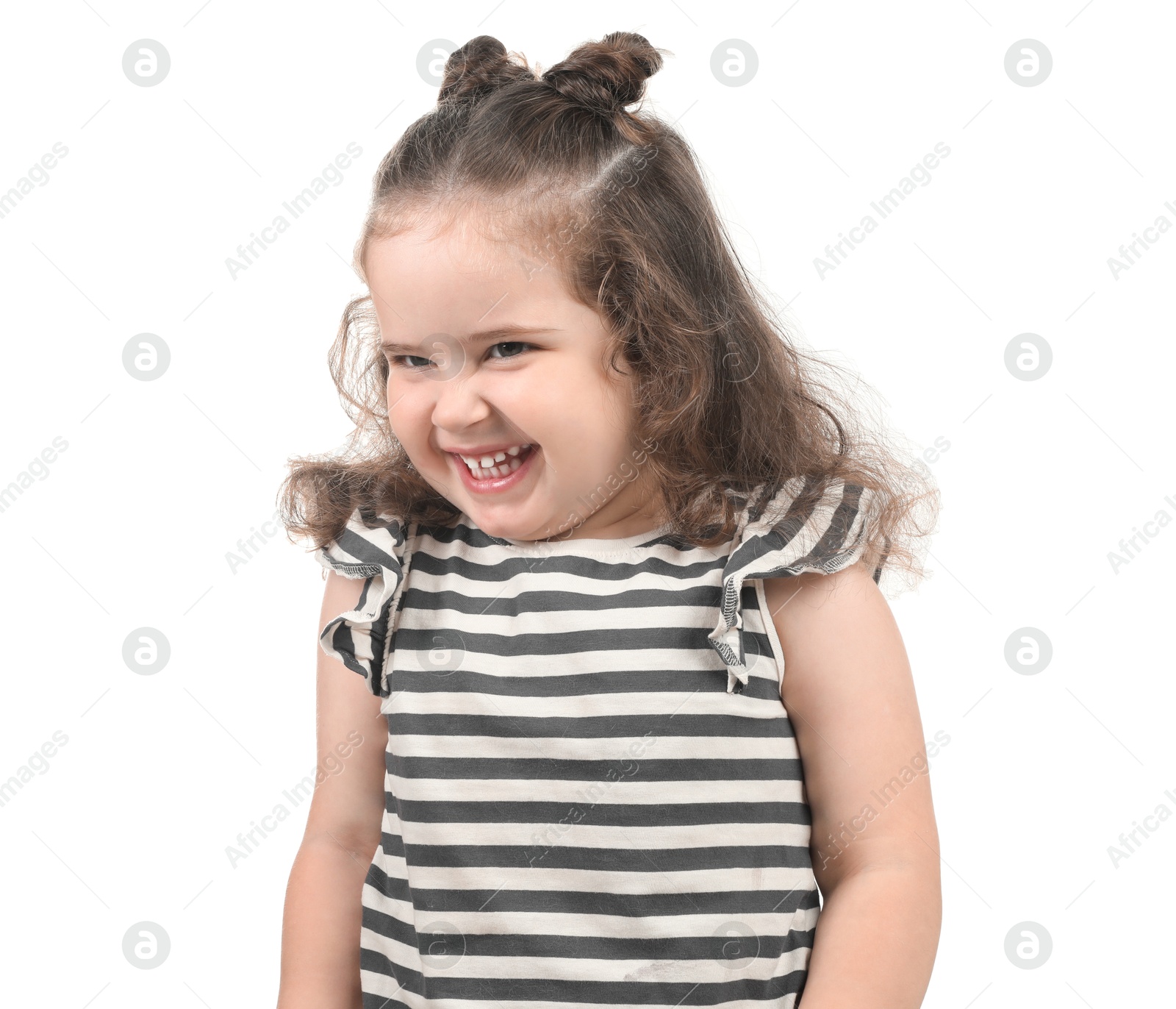 Photo of Portrait of smiling girl on white background. Adorable child