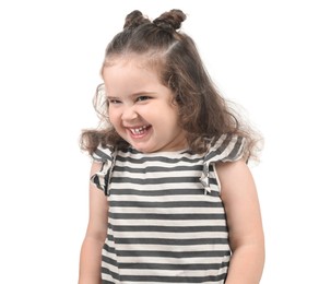 Photo of Portrait of smiling girl on white background. Adorable child