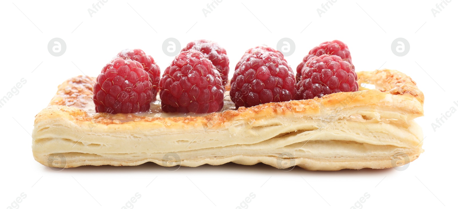 Photo of Tasty puff pastry with raspberries isolated on white