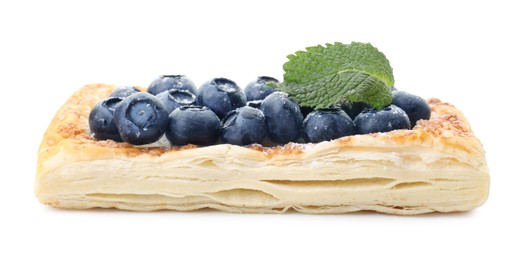 Photo of Tasty puff pastry with blueberries and mint isolated on white