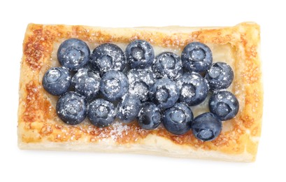 Photo of Tasty puff pastry with blueberries isolated on white, top view