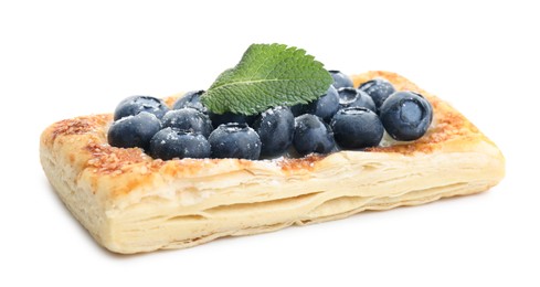 Photo of Tasty puff pastry with blueberries and mint isolated on white