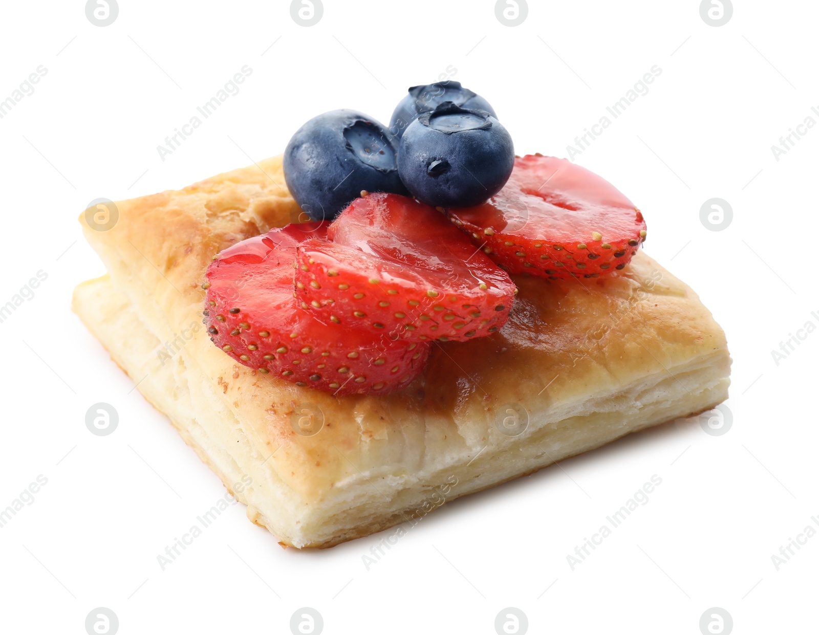 Photo of Tasty puff pastry with berries isolated on white