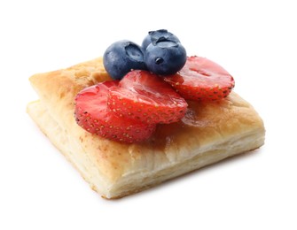 Photo of Tasty puff pastry with berries isolated on white