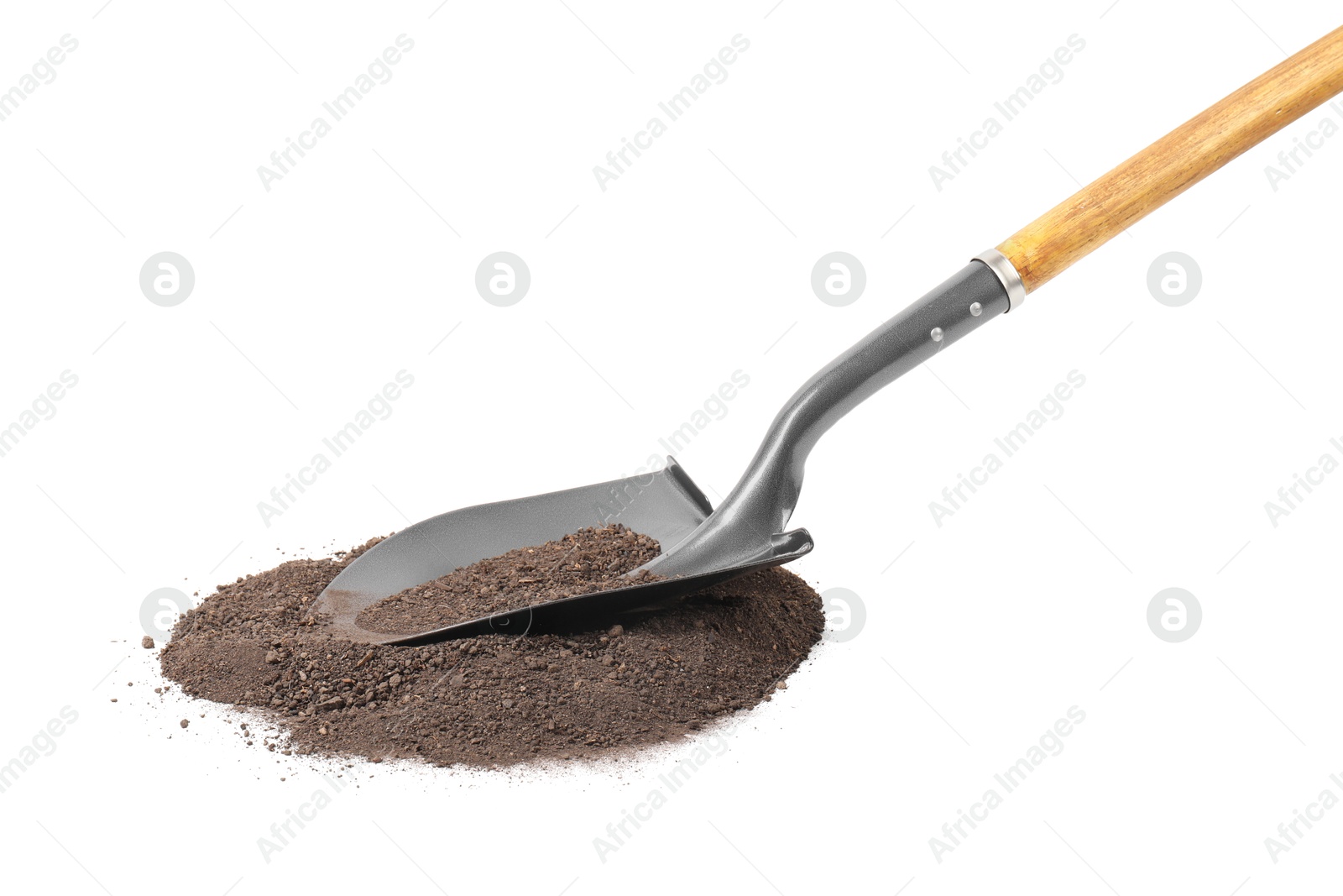 Photo of Metal shovel with wooden handle and pile of soil isolated on white