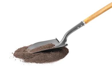 Photo of Metal shovel with wooden handle and pile of soil isolated on white