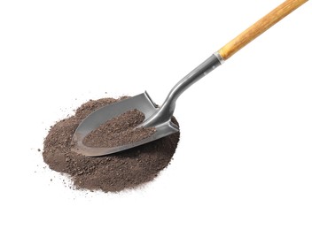 Photo of Metal shovel with wooden handle and pile of soil isolated on white