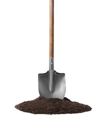 Photo of Metal shovel with wooden handle and pile of soil isolated on white