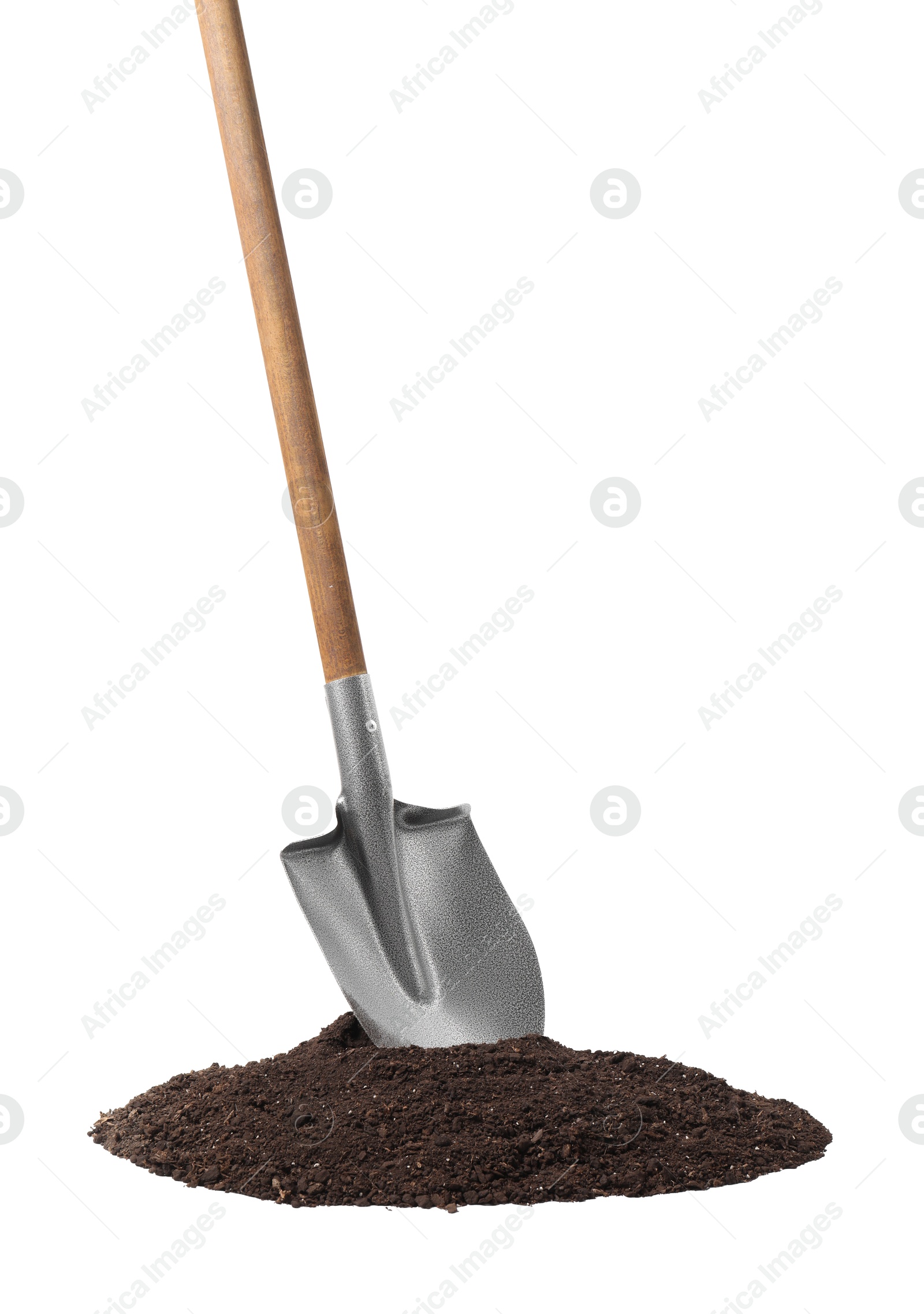 Photo of Metal shovel with wooden handle and pile of soil isolated on white