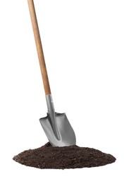 Photo of Metal shovel with wooden handle and pile of soil isolated on white