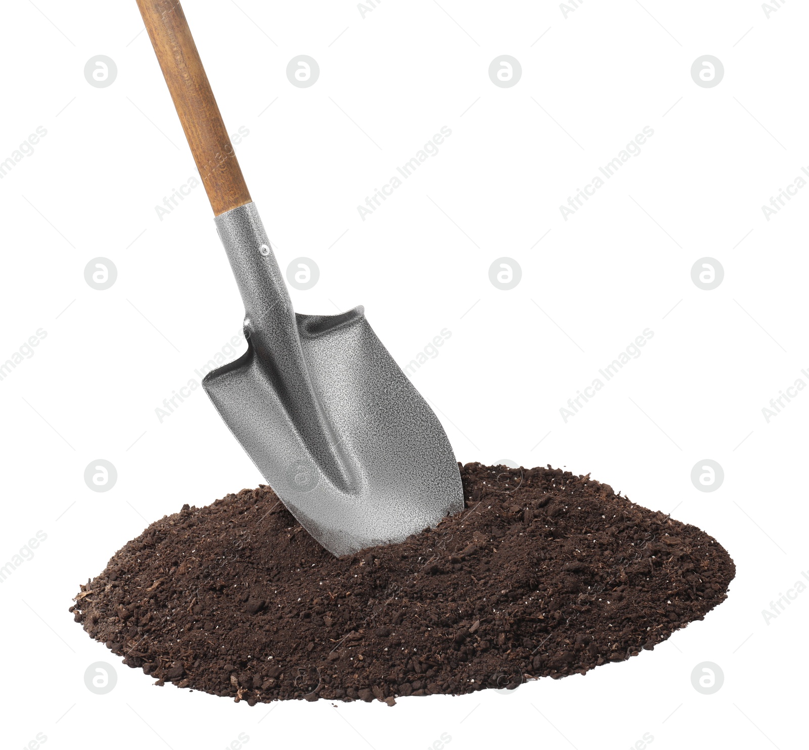 Photo of Metal shovel with wooden handle and pile of soil isolated on white