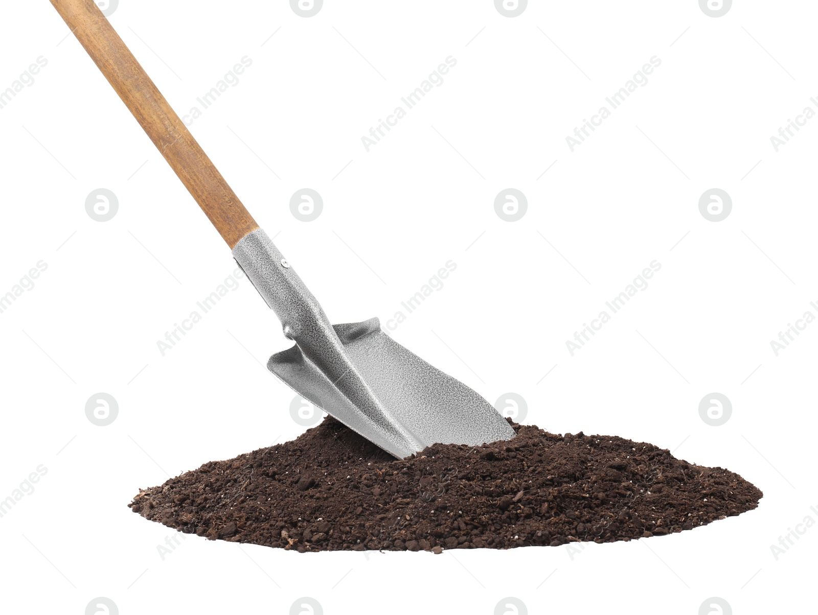 Photo of Metal shovel with wooden handle and pile of soil isolated on white