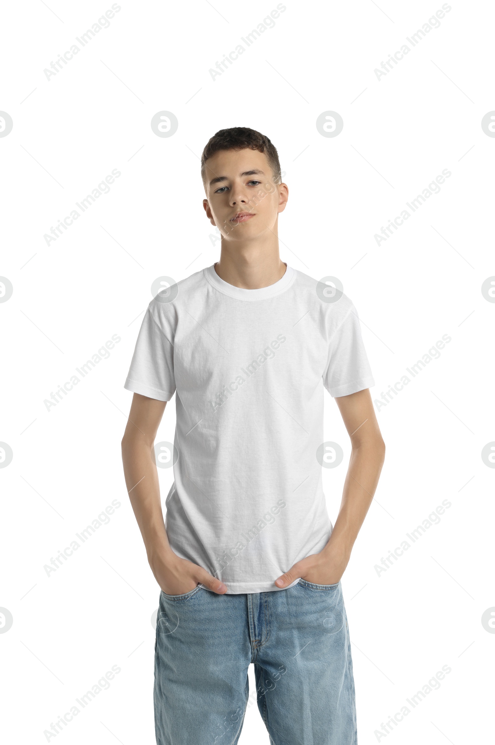 Photo of Teenage boy wearing t-shirt on white background