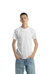 Teenage boy wearing t-shirt on white background