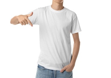 Teenage boy wearing t-shirt on white background, closeup