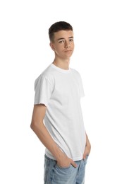 Photo of Teenage boy wearing t-shirt on white background