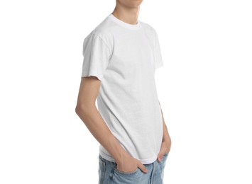 Teenage boy wearing t-shirt on white background, closeup