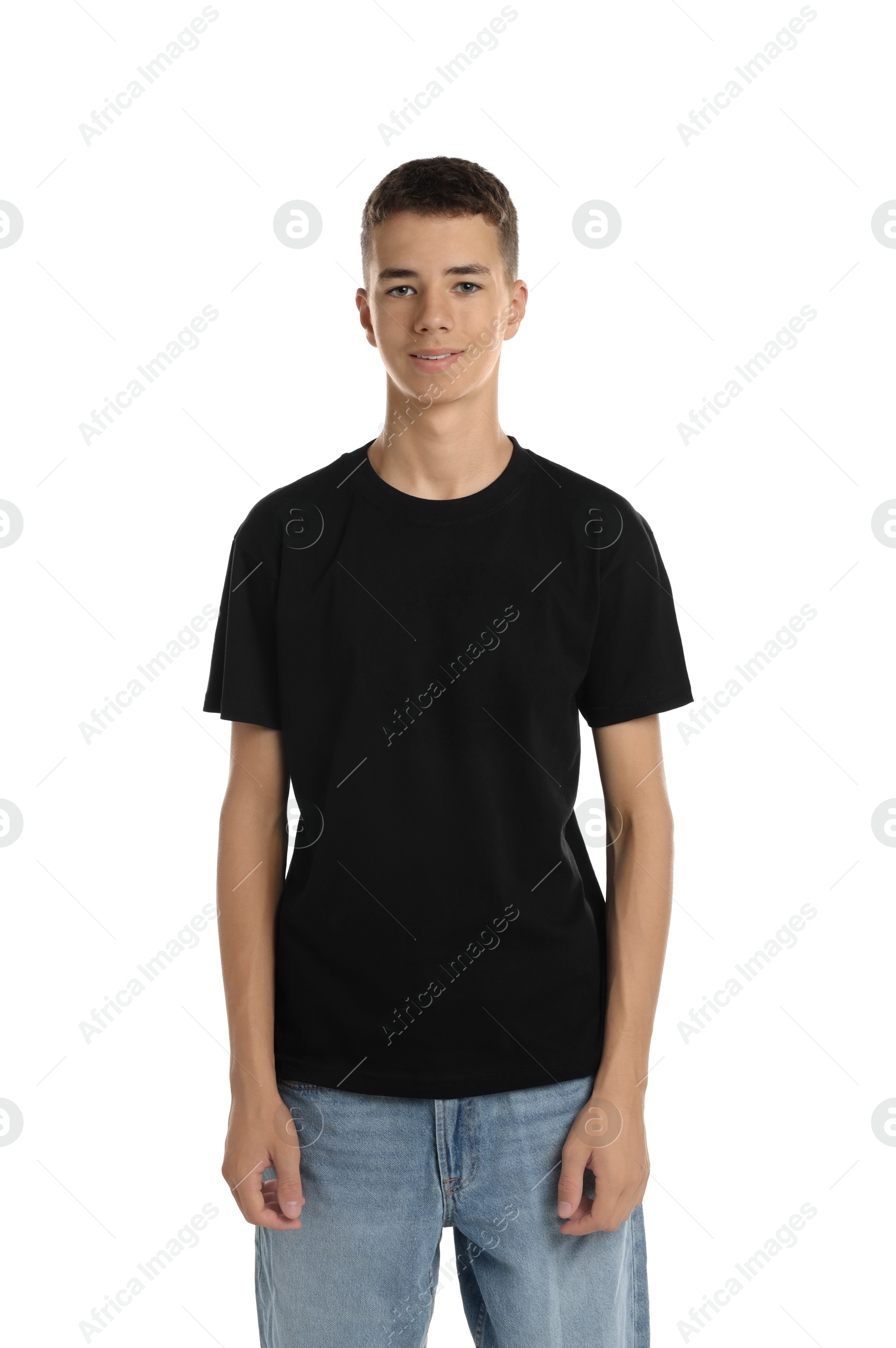 Photo of Teenage boy wearing black t-shirt on white background