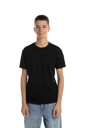 Teenage boy wearing black t-shirt on white background