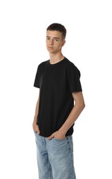 Teenage boy wearing black t-shirt on white background