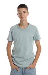 Photo of Teenage boy wearing light grey t-shirt on white background