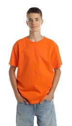 Photo of Teenage boy wearing orange t-shirt on white background