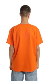 Photo of Teenage boy wearing orange t-shirt on white background, back view