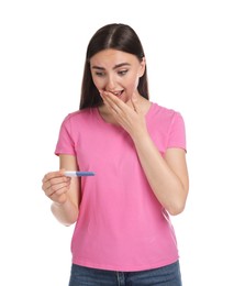 Shocked woman holding pregnancy test on white background