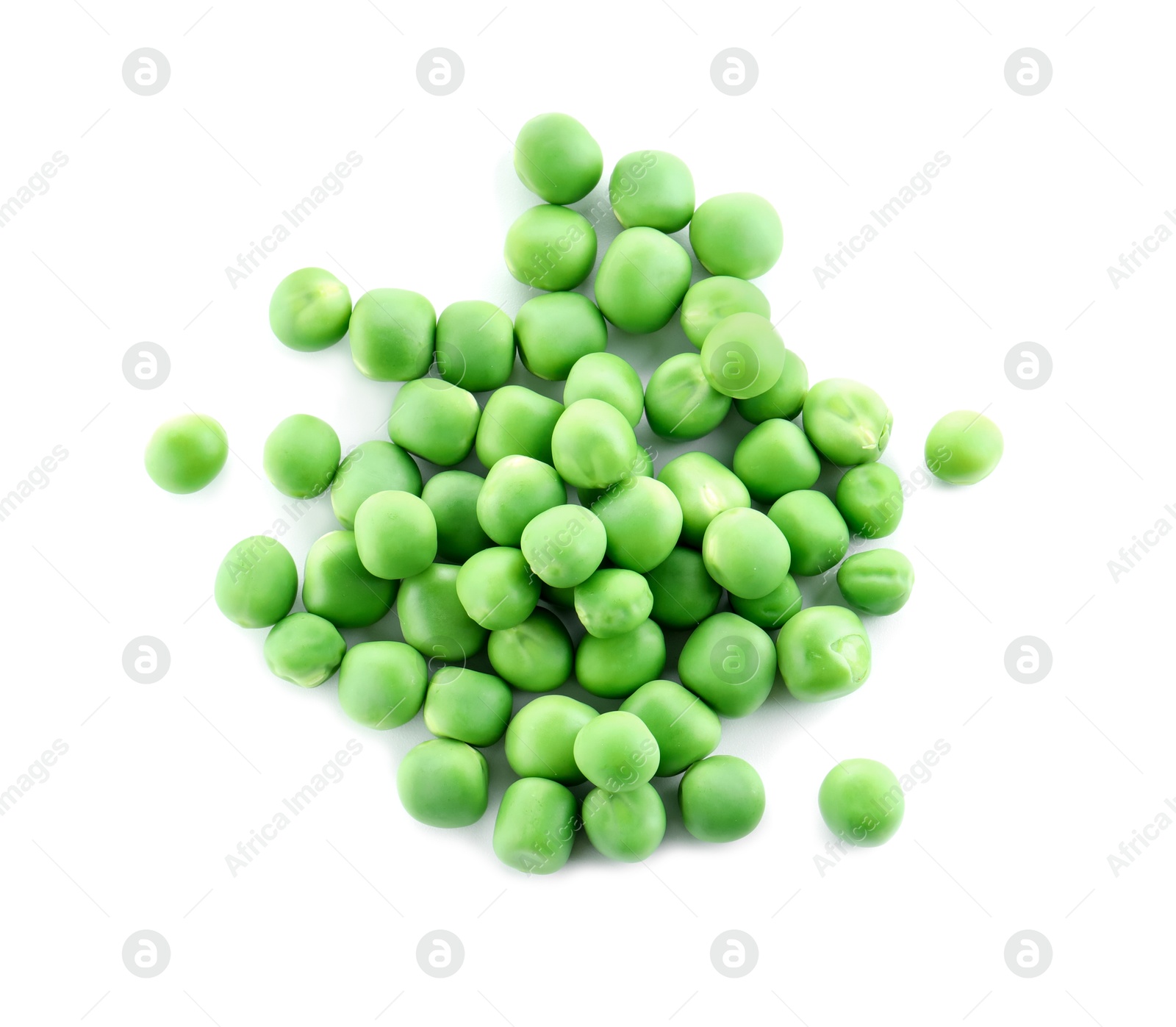 Photo of Pile of fresh green peas isolated on white, top view