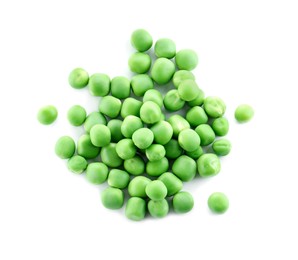 Photo of Pile of fresh green peas isolated on white, top view