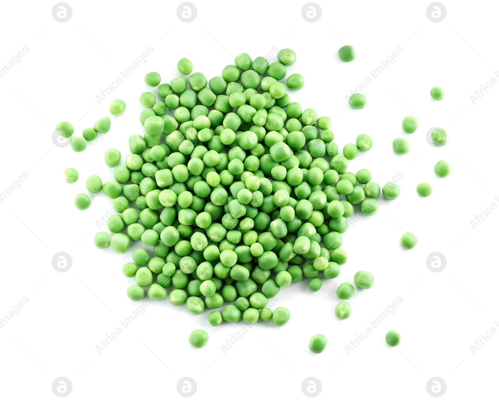 Photo of Pile of fresh green peas isolated on white, top view