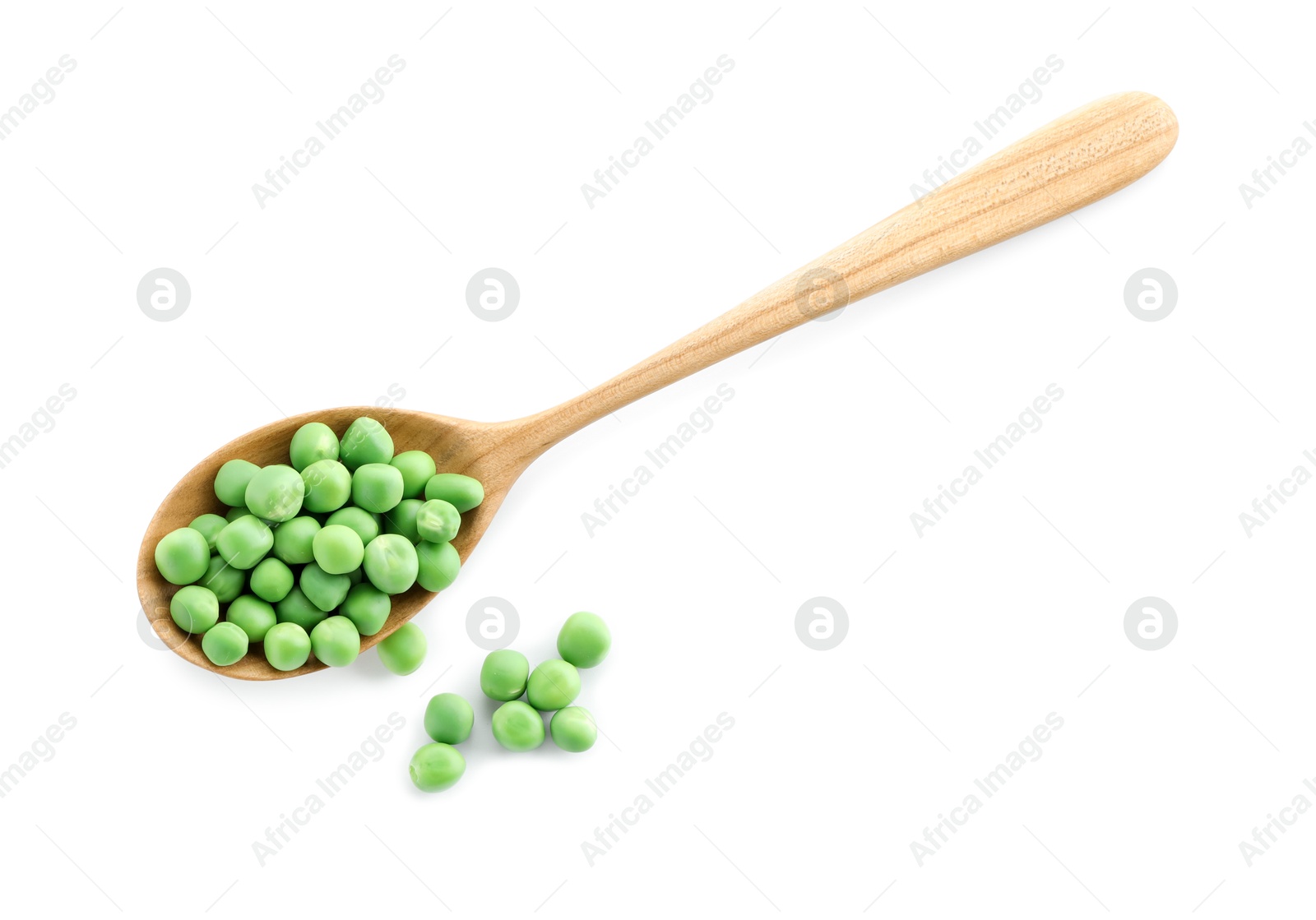 Photo of Spoon with fresh green peas isolated on white, top view