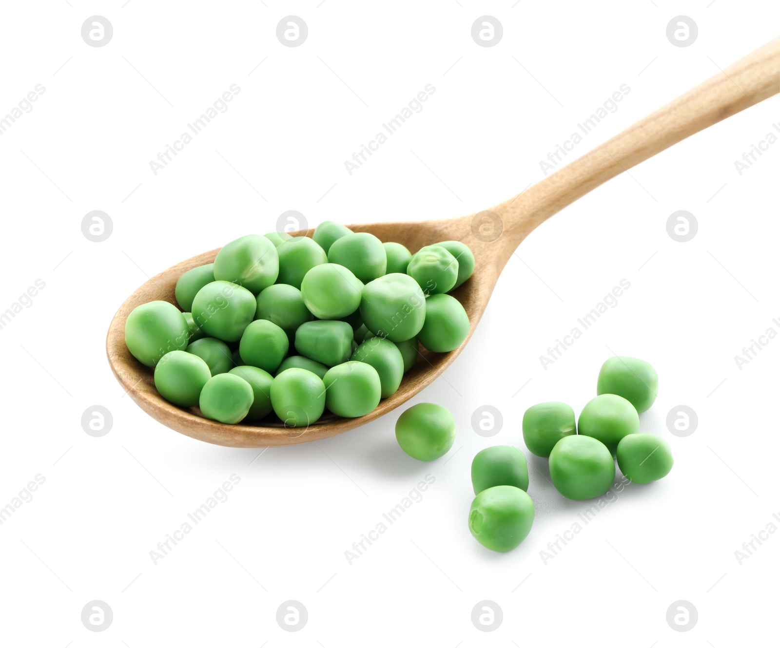 Photo of Spoon with fresh green peas isolated on white