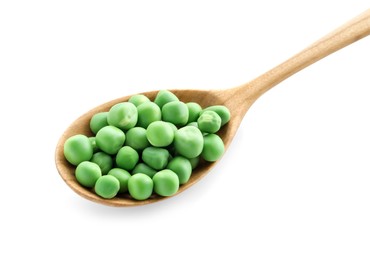 Photo of Spoon with fresh green peas isolated on white