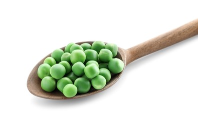 Photo of Spoon with fresh green peas isolated on white