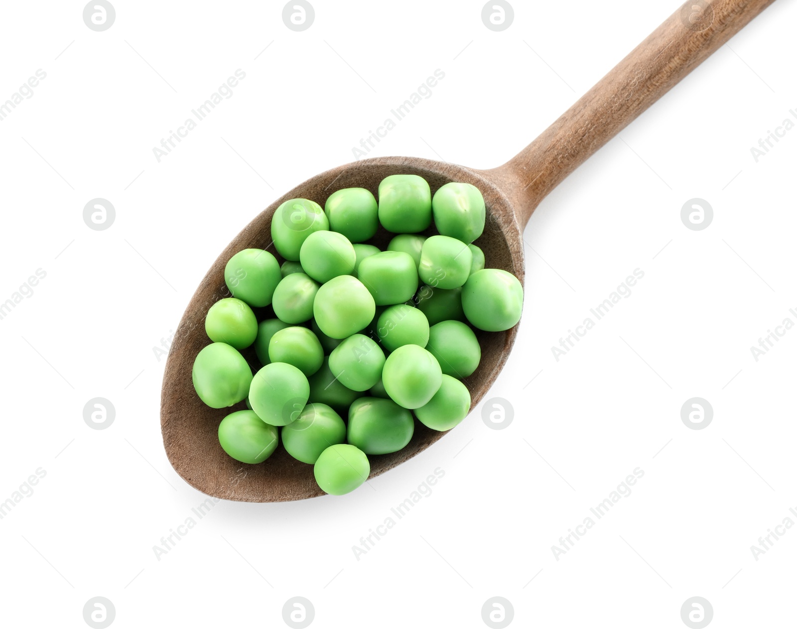 Photo of Spoon with fresh green peas isolated on white, top view